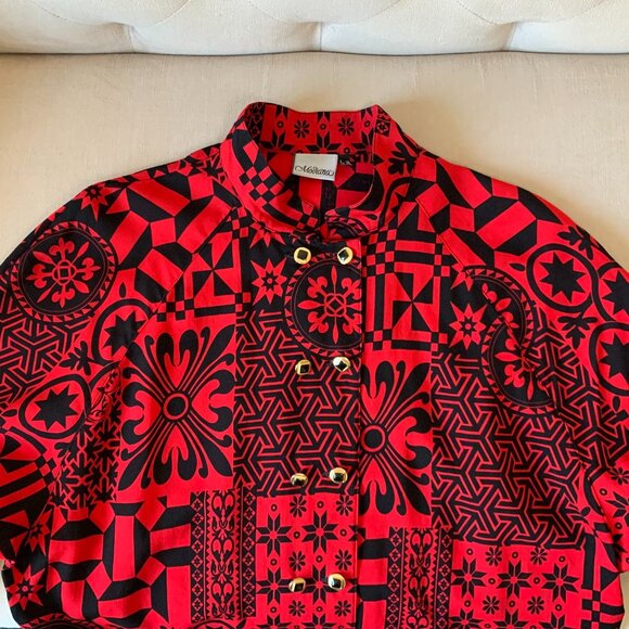 Vintage Modiana Red Black Graphic Pattern Button Up Tunic Dress Shirt Whimsigoth - Picture 2 of 16